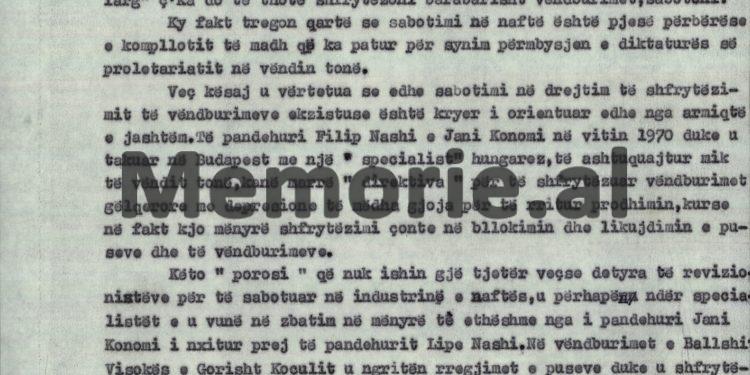 “Filip Nashi, pohoi se, Beqir Balluku i ka thënë në Fier, në prezencë edhe të Pirro Gushos, të nxirrnin naftë tani, se për rezervat…”! / Akt-akuza e Aranit Çelës, ndaj “Grupit sabotator të naftës”, qershor 1976   