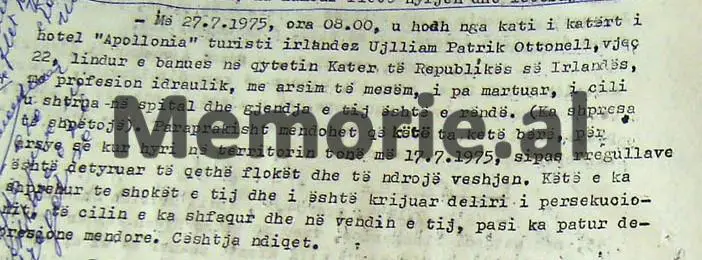 “William Ottonell, u hodh nga kati i katërt i Hotel ‘Apollonia’ dhe këtë e bëri, pasi kur hyri në territorin tonë, i qethën flokët dhe…”/ Dokumenti i Sigurimit për ngjarjen e tragjike të turistit irlandez, më 27 korrik 1975