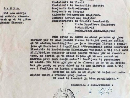 “Komisioni vendosi qitjen jashtë Tirane dhe të kihet kujdes që asnjë anëtar i këtyre familjeve…”/ Zbulohet dokumenti me emrat e 500 familjeve “reaksionare” që u përzunë nga Tirana, më 7 nëntor 1946