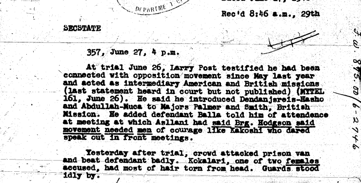 “Dje, pas seancës gjyqësore, turma sulmoi furgonin e të burgosurve dhe rrahu keqaz të pandehurin, kurse Musine Kokalarit, ia shkulën flokët dhe…”/ Zbulohet telegram i misionit amerikan në Tiranë, qershor ‘46