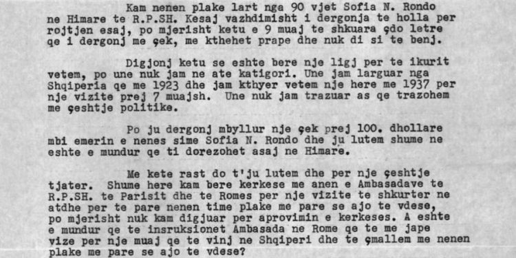 “Po ju dërgonj një çek 100 dollarë dhe ju lutem shumë t’i dorzohet nënës sime Sofia N. Rondo në Himarë…”/ Letra nga SHBA-ës për Enver Hoxhën, në ’68-ën, që s’mbrriti kurrë në duart e plakës 90 vjeçare