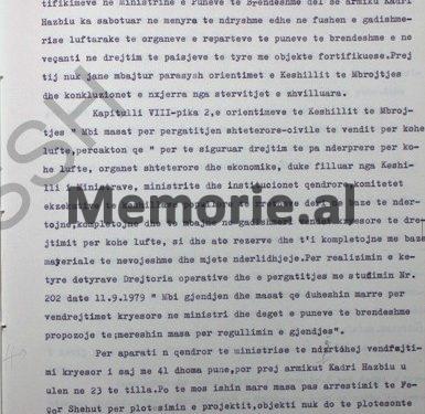 “Kadri Hazbiu sabotoi vend-komandën e Ministrisë Brendshme, ku nga 41 dhoma pune për aparatin qendror të saj në rast lufte, ai e uli në 23…”/ Zbulohet dokumenti i Sigurimit i vitit 1983, për objektin “Bunk-Art 2”