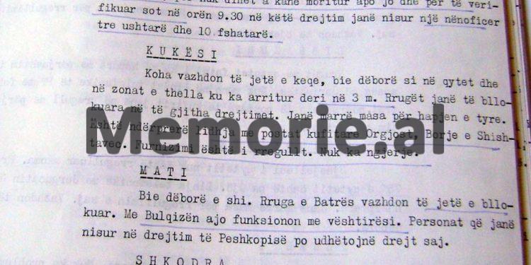 “Në Kukës, nga orteku vdiqën 7 veta, 16 të plagosur rëndë, një fëmijë s’gjendet, në Pukë 3 të vdekur, 5 rëndë, 11 s’gjinden, në Lushnja 2380 ha e përmbytur, Durrësi s’ka probleme…”/ Dokumenti sekret i 11 janarit ‘85