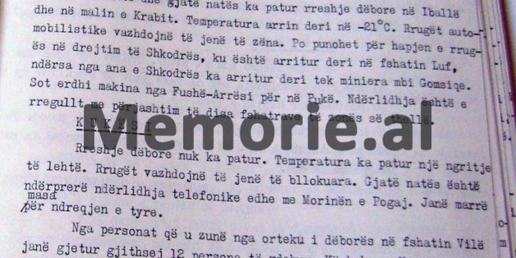 “Ngricat vazhdojnë, – 22 gradë, ushtarët me flluska në duar e këmbë nga të ftohtit, rrugët të bllokuara, nga orteku në Vilë, u gjetën 7 të vdekur, kërkohen 5 të tjerë, në Spaç te kampi…”/ Dokumenti sekret i 15 janarit ‘85