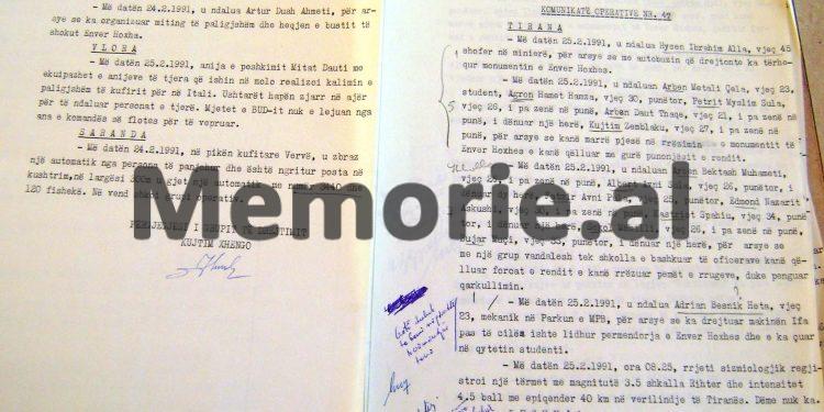“Adrian Besnik Meta, mekanik në Parkun e MPB, ka drejtuar makinën ‘IFA’, ku ishte lidhur monumenti Enver Hoxhës, në Fier, Korçë e Durrës bustet i hoqën…”/ Raportet sekrete të Sigurimit, 20 shkurt ‘91