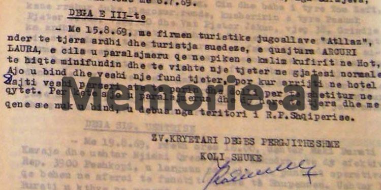 “Turistja suedeze që erdhi me firmën jugosllave ‘Atllas’, u paralajmërua që në Pikën Kufitare në Hot të hiqte minifundin, por në Hotel ‘Dajti’ e veshi përsëri dhe…”/ Zbulohet raporti Sigurimit i 15 gushtit ‘69