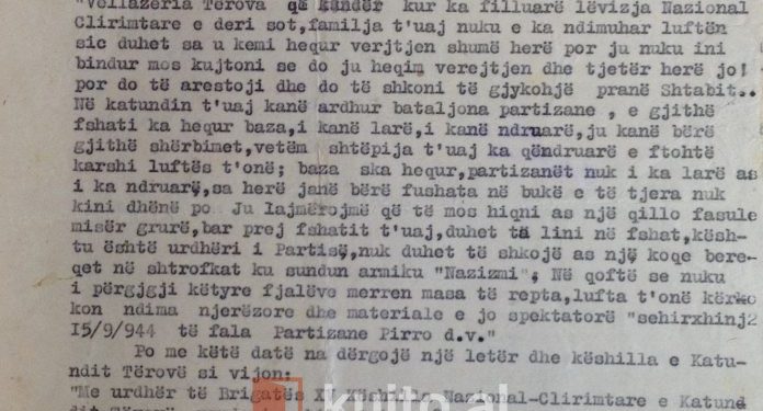 “Në qoftë se nuk i përgjigji kësaj thirrje për t’u regjistruar ne bataljona partizane, ju sekuestrohen pasuria, dhe ju digjet shtëpia që kini në Terovë…”/ Zbulohet dokumenti i rrallë i shtatorit 1944
