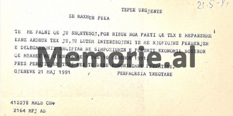 “Mospjesëmarrja e z. Nano, ose të ndonjë personaliteti tjetër të lartë shqiptar në Forumin e Davosit, do të jetë me pasoja shumë negative për…”/ Zbulohet telegrami i Misionit Shqiptar nga Gjeneva, maj ‘91