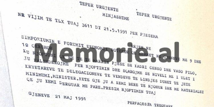 “Mospjesëmarrja e z. Nano, ose të ndonjë personaliteti tjetër të lartë shqiptar në Forumin e Davosit, do të jetë me pasoja shumë negative për…”/ Zbulohet telegrami i Misionit Shqiptar nga Gjeneva, maj ‘91