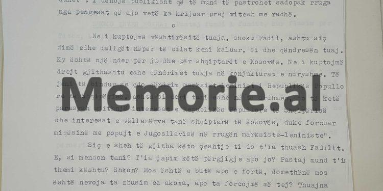 “Titua është antimarksist, por ne ju themi që, në këto konjuktura, nuk bëni keq që mbështeteni tek Titua, sepse ai ia lehtësoi vuajtjet Kosovës…”/  Zbulohet letra “Tepër sekret” e Enverit për Fadil Hoxhën shtator 1970