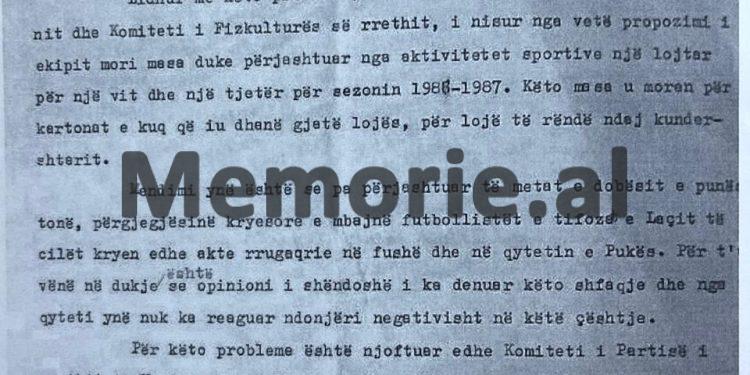 “Pas ndeshjes, një futbollist i Laçit bëri një gjest antisportiv, kurse tifozët nga Laçi hodhën në fushë granatë tip ‘Fik’, të dy u ndaluan nga policia…”/ Raporti i Mehdi Bushatit, për trazirat në Pukë. prill ‘87