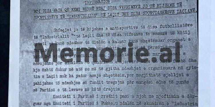 “Pas ndeshjes, një futbollist i Laçit bëri një gjest antisportiv, kurse tifozët nga Laçi hodhën në fushë granatë tip ‘Fik’, të dy u ndaluan nga policia…”/ Raporti i Mehdi Bushatit, për trazirat në Pukë. prill ‘87