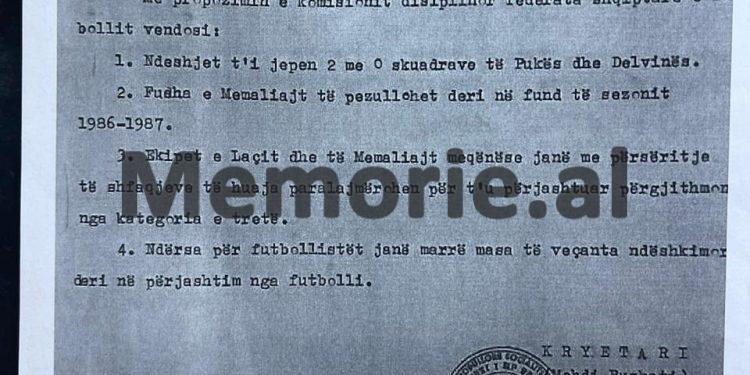 “Pas ndeshjes, një futbollist i Laçit bëri një gjest antisportiv, kurse tifozët nga Laçi hodhën në fushë granatë tip ‘Fik’, të dy u ndaluan nga policia…”/ Raporti i Mehdi Bushatit, për trazirat në Pukë. prill ‘87
