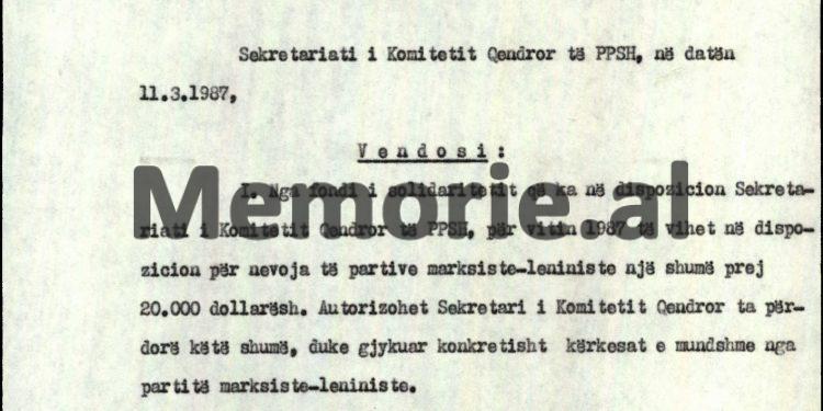 “Për shpenzime udhëtimi dhe dieta për delegacionet e partive marksiste-leniniste dhe miqtë e ftuar nga K.Q. i PPSH-së, me pushime, mjekime etj., të akordohet shuma…”/ Urdhri i Ramiz Alisë, mars ‘87