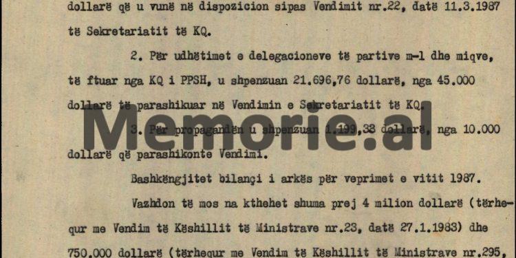 “Për shpenzime udhëtimi dhe dieta për delegacionet e partive marksiste-leniniste dhe miqtë e ftuar nga K.Q. i PPSH-së, me pushime, mjekime etj., të akordohet shuma…”/ Urdhri i Ramiz Alisë, mars ‘87